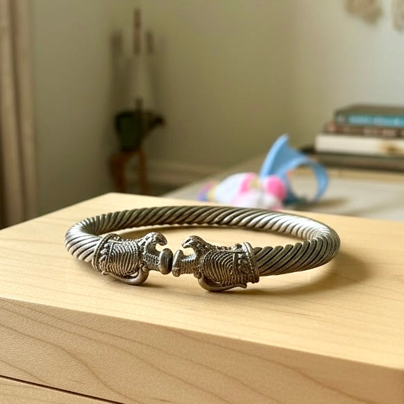Pair of Antique Silver Elephant Head Torque Bracelet | Vintage Tribal Statement Cuff