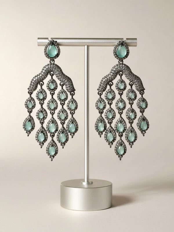 Aqua Teardrop Chandelier Earrings | Oxidized Crystal Statement Earrings