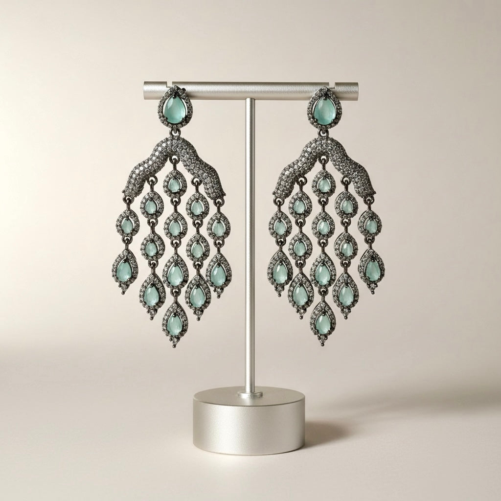 Aqua Teardrop Chandelier Earrings | Oxidized Crystal Statement Earrings