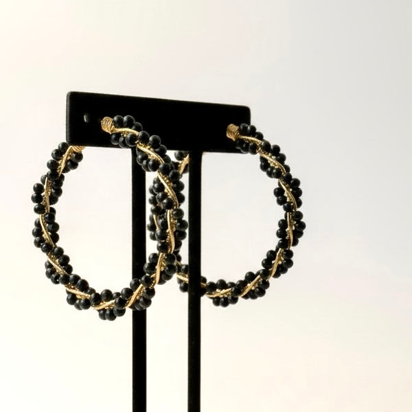 Black Beaded Hoop Earrings with Gold Detailing | Chic Everyday Statement Hoops