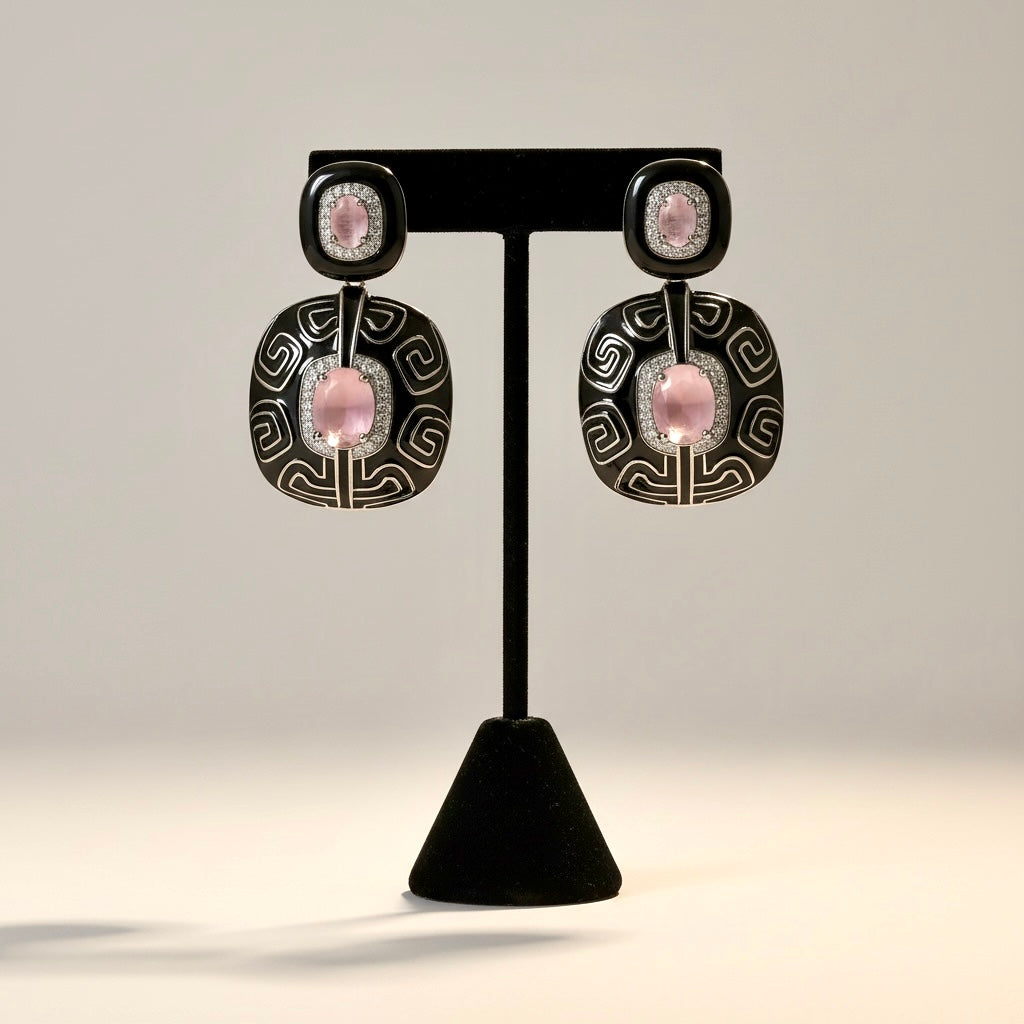 Black Enamel & Pink Statement Earrings | Modern Luxe Drop Earrings