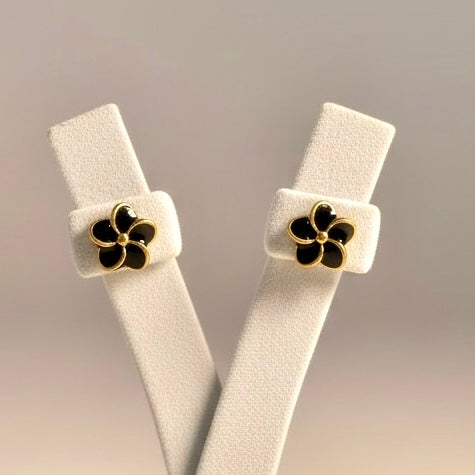 Black Floral Stud Earrings with Gold Outline | Elegant Minimal Everyday Jewelry