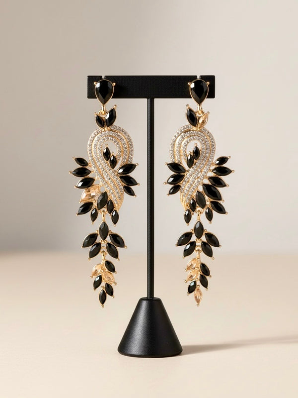 Black & Gold Leaf Statement Earrings | Crystal Party Wear Jewelry