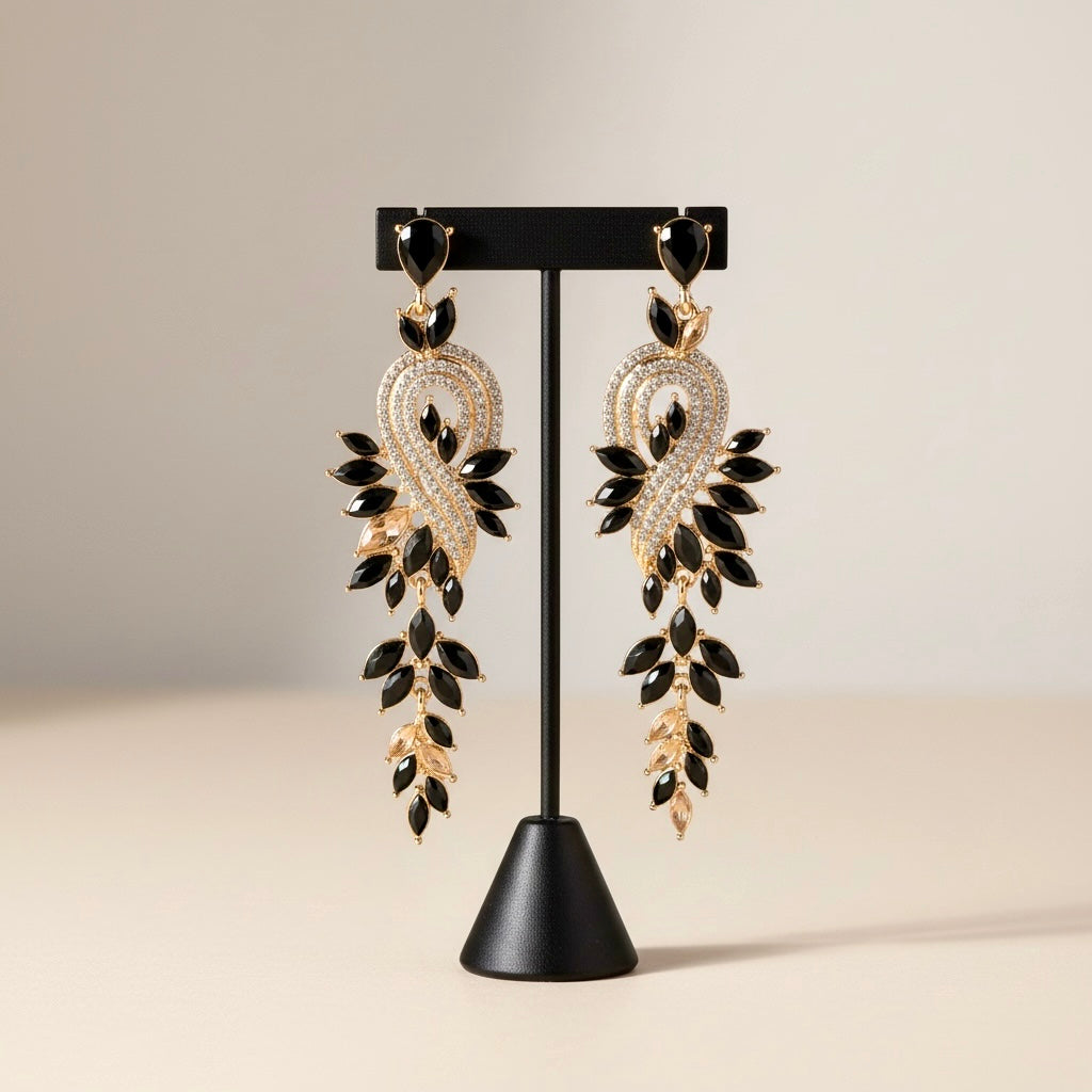 Black & Gold Leaf Statement Earrings | Crystal Party Wear Jewelry