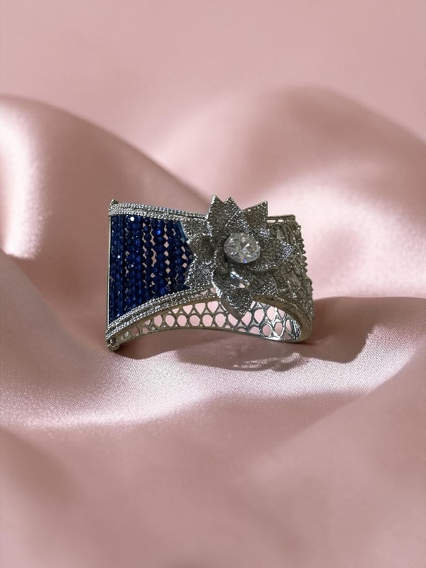 Blue Crystal Floral Statement Cuff Bracelet | Luxury Silver Tone Open Bangle