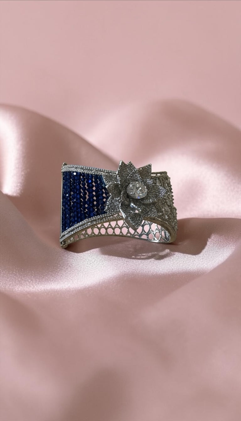 Blue Crystal Floral Statement Cuff Bracelet | Luxury Silver Tone Open Bangle
