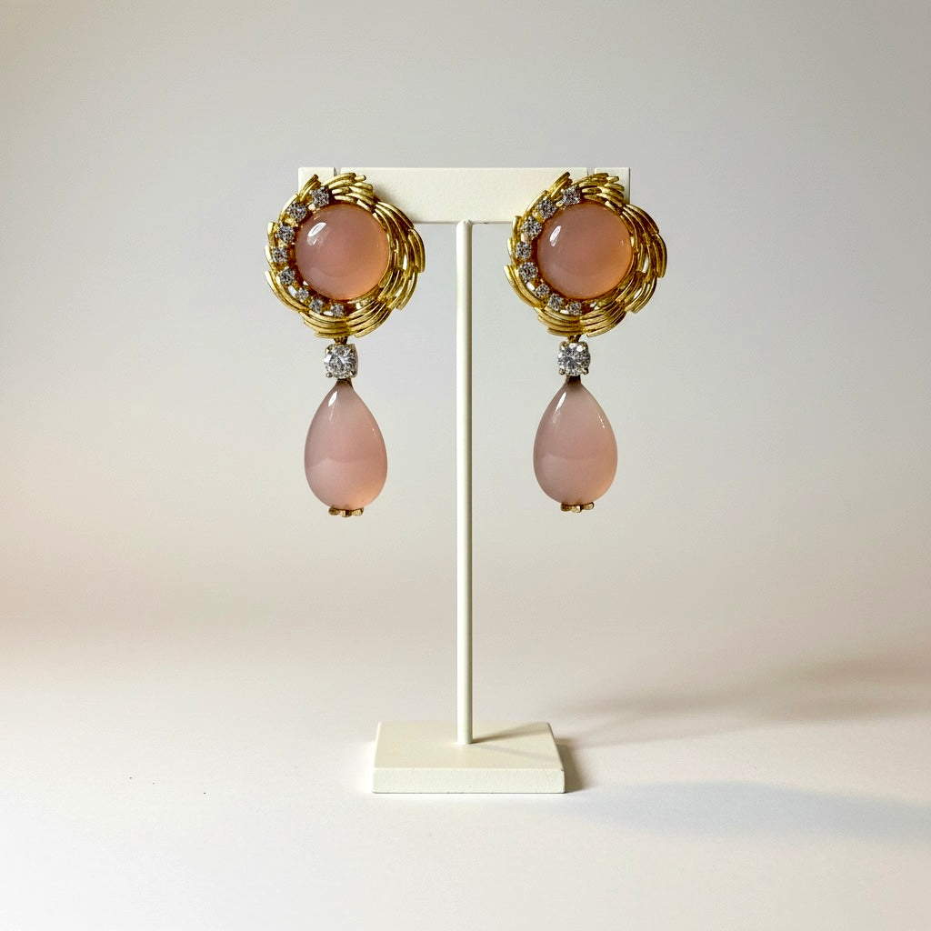 Blush Pink Cabochon Drop Earrings in Gold Tone