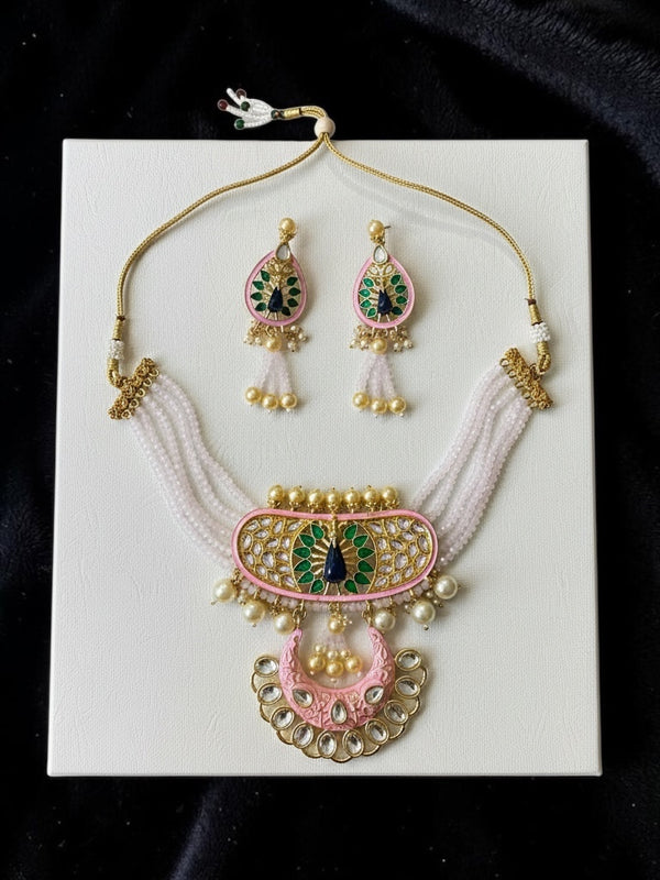 Blush Pink Peacock Meenakari Pearl Necklace Set | Elegant Pastel Statement Jewelry with Earrings