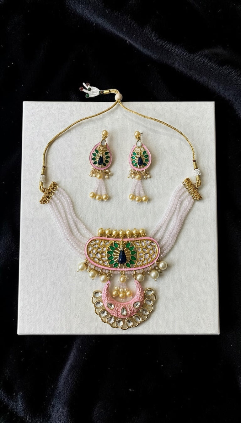 Blush Pink Peacock Meenakari Pearl Necklace Set | Elegant Pastel Statement Jewelry with Earrings