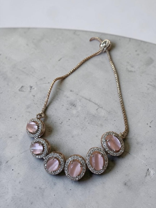 Blush Pink Stone Statement Necklace | Crystal Halo Elegant Gold Chain Necklace