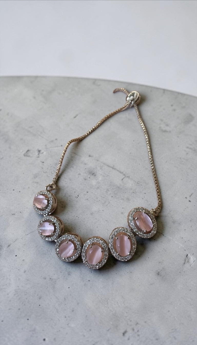 Blush Pink Stone Statement Necklace | Crystal Halo Elegant Gold Chain Necklace