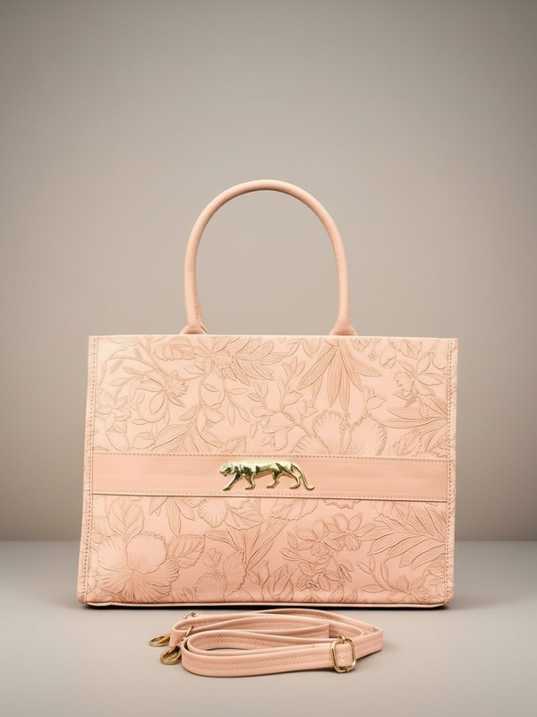 Blush Floral Embossed Handbag with Gold Panther Accent