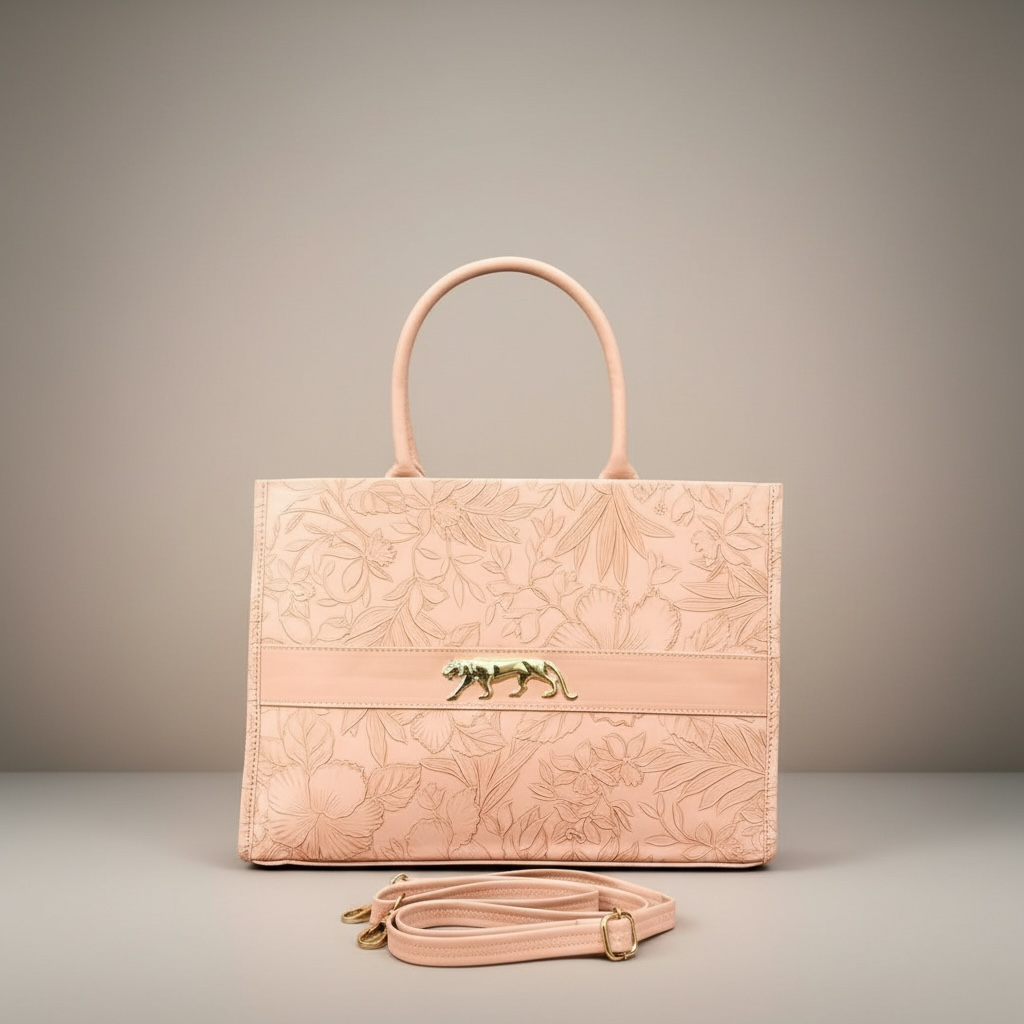 Blush Floral Embossed Handbag with Gold Panther Accent