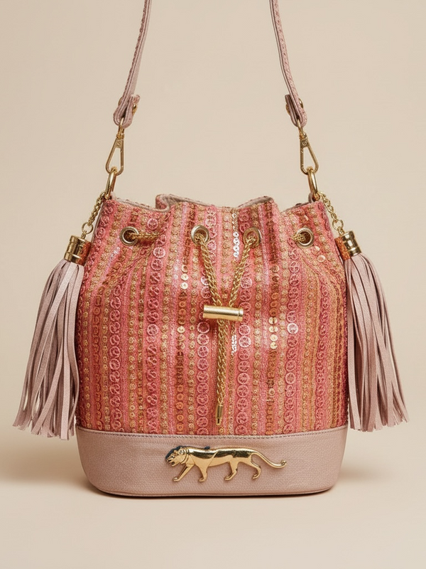 Blush Pink Embellished Bucket Bag with Gold Accents & Tassel Details