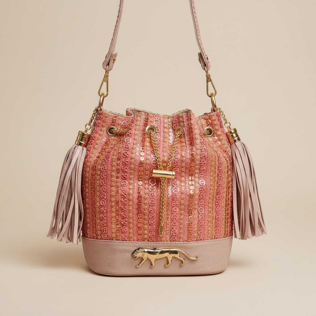 Blush Pink Embellished Bucket Bag with Gold Accents & Tassel Details