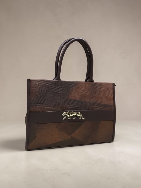 Textured Brown Structured Handbag with Gold Panther Accent