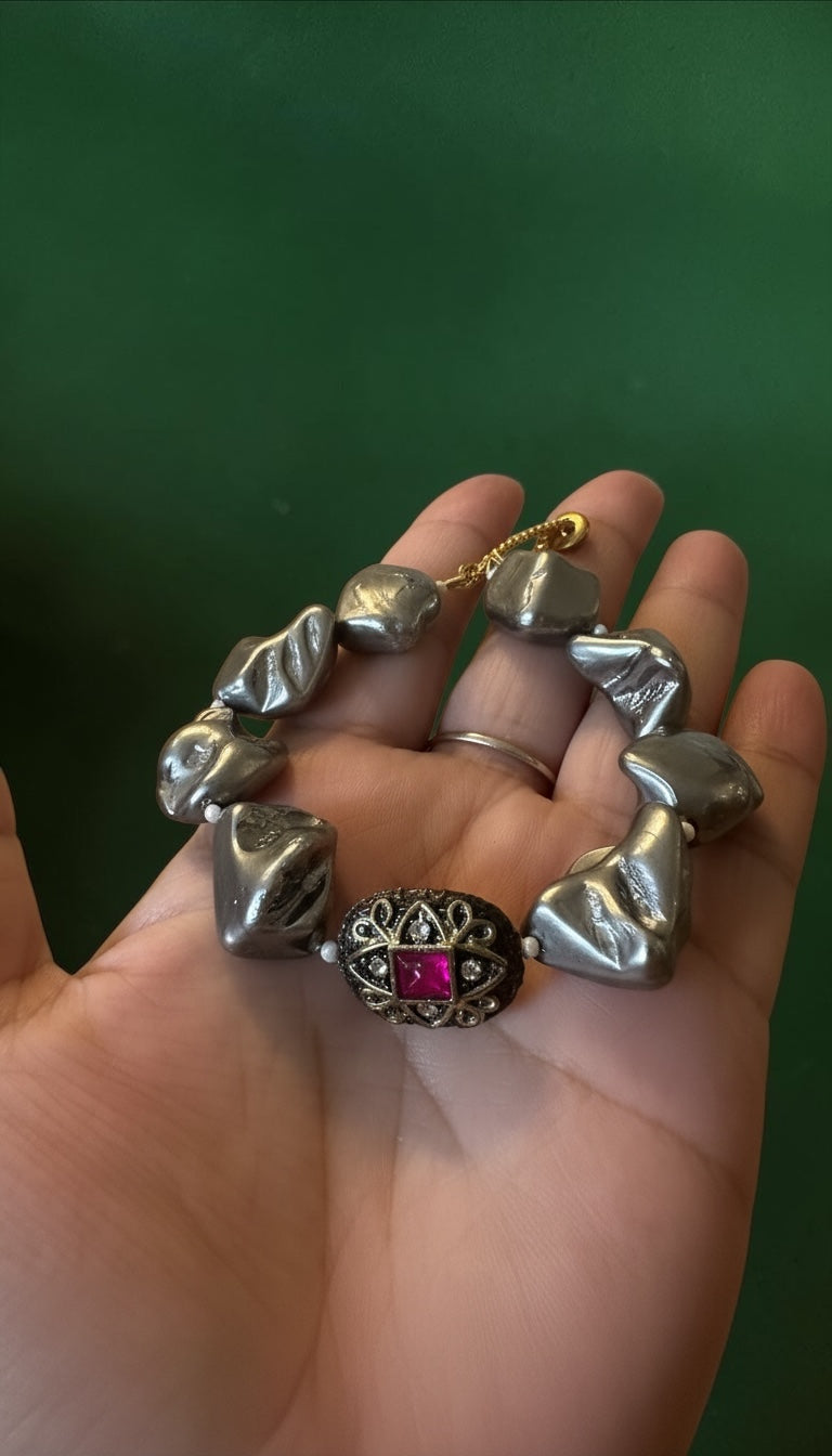 Chunky Metallic Beaded Statement Bracelet with Vintage Crystal Charm | Bold Designer Style Jewelry