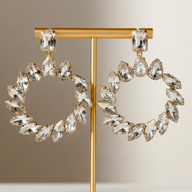 Crystal Floral Hoop Statement Earrings in Gold Tone