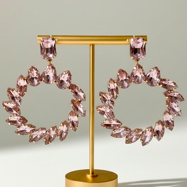 Crystal Floral Hoop Statement Earrings in Pink Tone