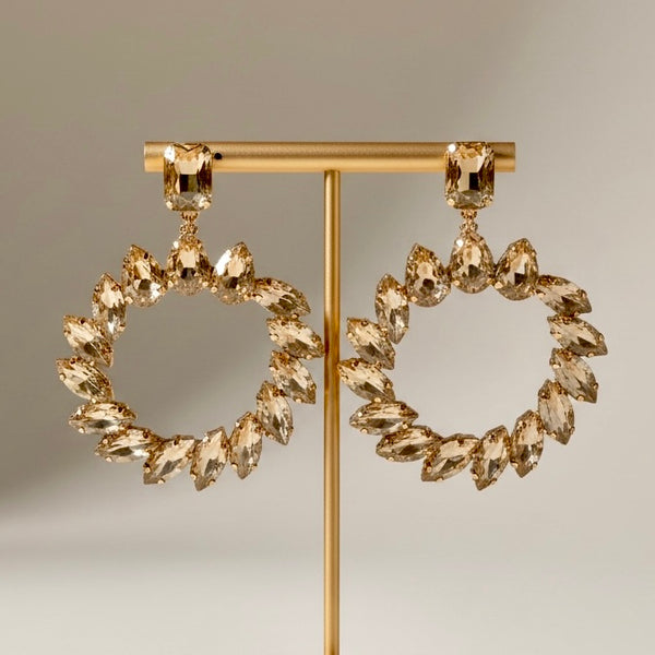 Crystal Floral Hoop Statement Earrings in White Tone