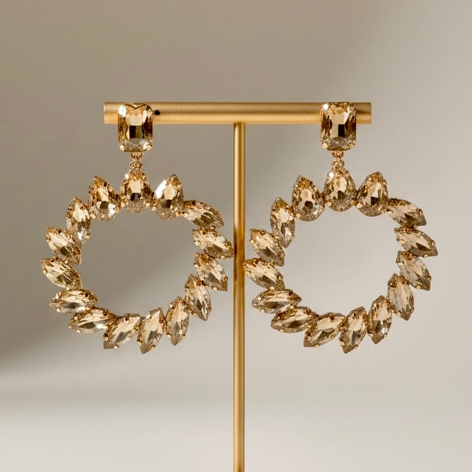 Crystal Floral Hoop Statement Earrings in White Tone