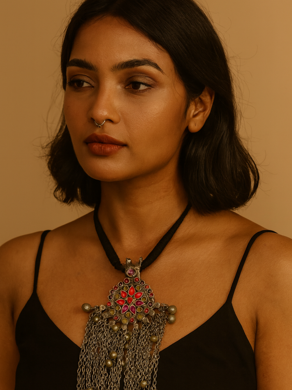 Antique Silver Statement Necklace with Red Stones & Chain Tassel Fringe