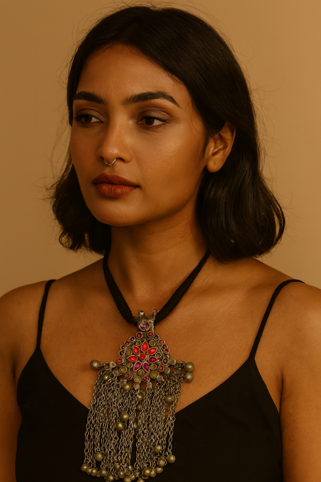 Antique Silver Statement Necklace with Red Stones & Chain Tassel Fringe