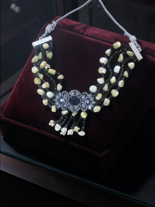 Black Beaded Multi-Strand Necklace with Mother of Pearl Accents