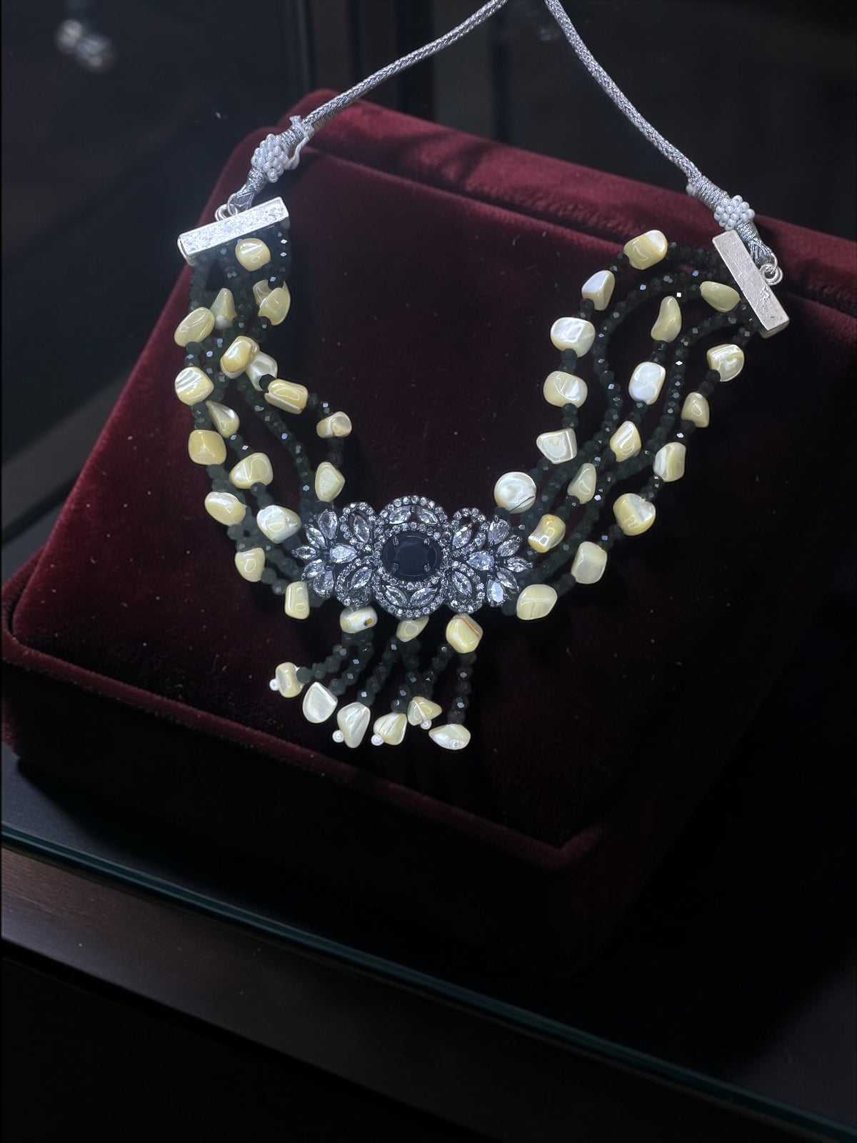 Black Beaded Multi-Strand Necklace with Mother of Pearl Accents