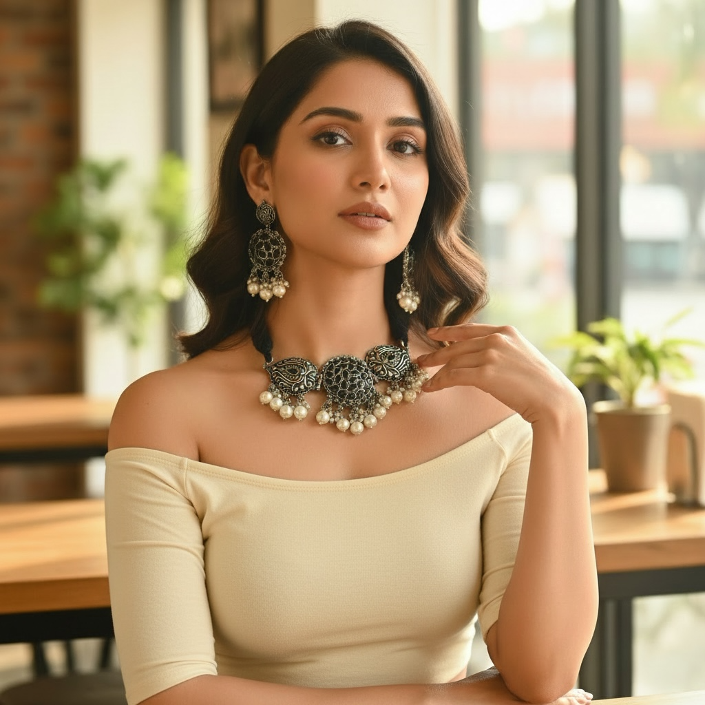 92.5 Silver Polish Tribal Dome Choker Necklace with Pearl Bead Drops