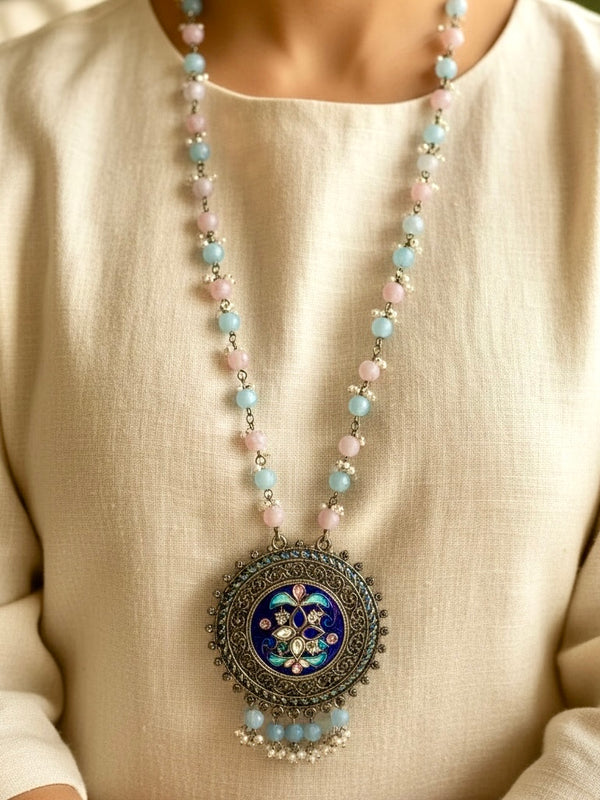 Rajasthani Meenakari Pendant Necklace with Pastel Beaded Chain & Pearl Drops