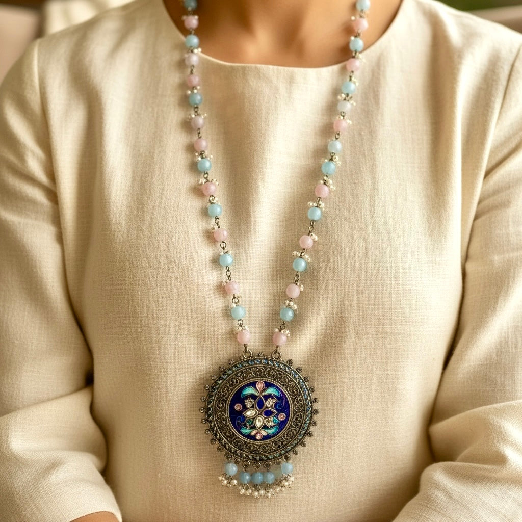 Rajasthani Meenakari Pendant Necklace with Pastel Beaded Chain & Pearl Drops