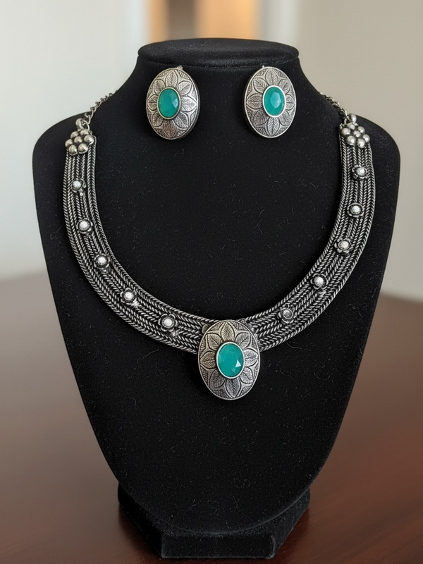 92.5 Silver Polish Tribal-Inspired Multi-Strand Necklace Set with Turq Green Stone Accents