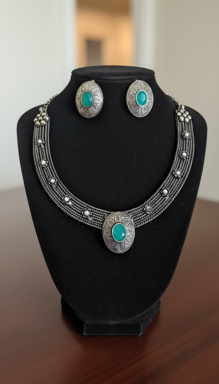 92.5 Silver Polish Tribal-Inspired Multi-Strand Necklace Set with Turq Green Stone Accents