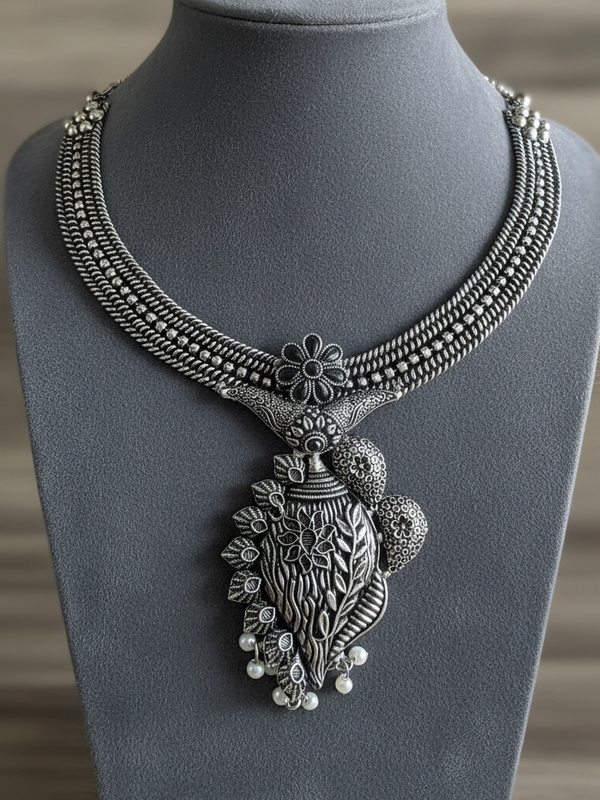 92.5 Silver Polish Tribal-Inspired Multi-Strand Necklace Set with Black Stone Accents