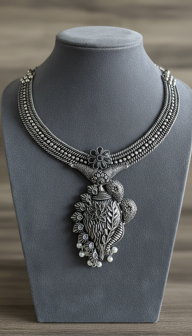 92.5 Silver Polish Tribal-Inspired Multi-Strand Necklace Set with Black Stone Accents