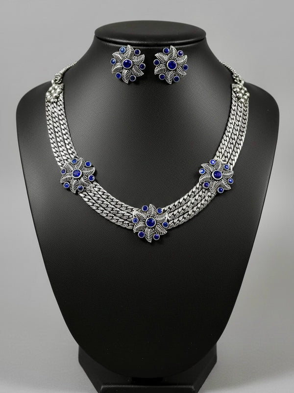 92.5 Silver Polish Tribal-Inspired Multi-Strand Necklace Set with Blue Stone Accents