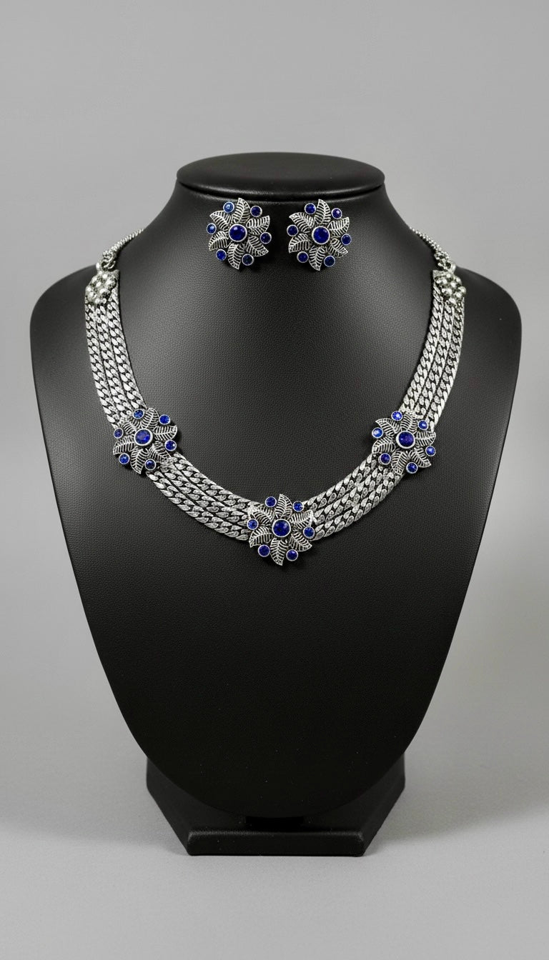 92.5 Silver Polish Tribal-Inspired Multi-Strand Necklace Set with Blue Stone Accents