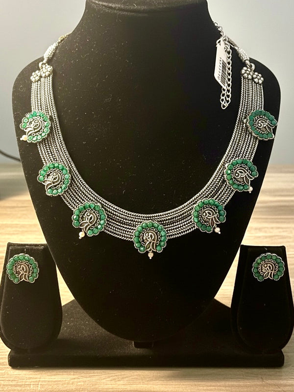 92.5 Silver Polish Tribal-Inspired Multi-Strand Necklace Set with Green Stone Accents