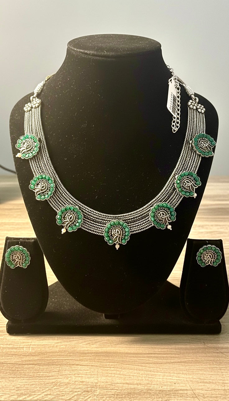 92.5 Silver Polish Tribal-Inspired Multi-Strand Necklace Set with Green Stone Accents