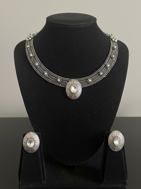 92.5 Silver Polish Tribal-Inspired Multi-Strand Necklace Set with White Stone Accents