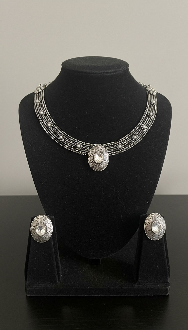 92.5 Silver Polish Tribal-Inspired Multi-Strand Necklace Set with White Stone Accents