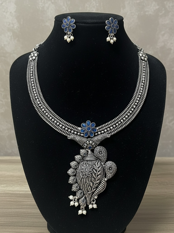92.5 Silver Polish Tribal-Inspired Multi-Strand Necklace Set with Blue FLORAL Stone Accents