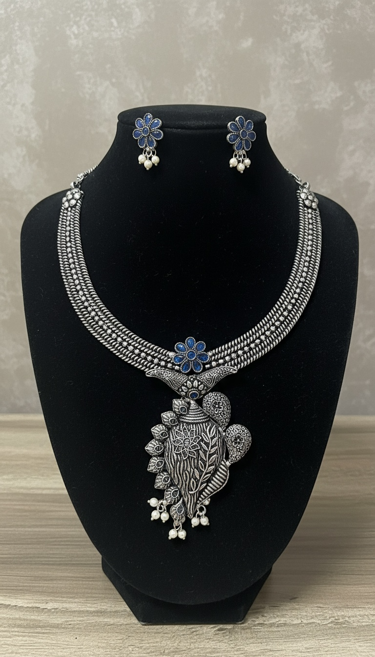 92.5 Silver Polish Tribal-Inspired Multi-Strand Necklace Set with Blue FLORAL Stone Accents
