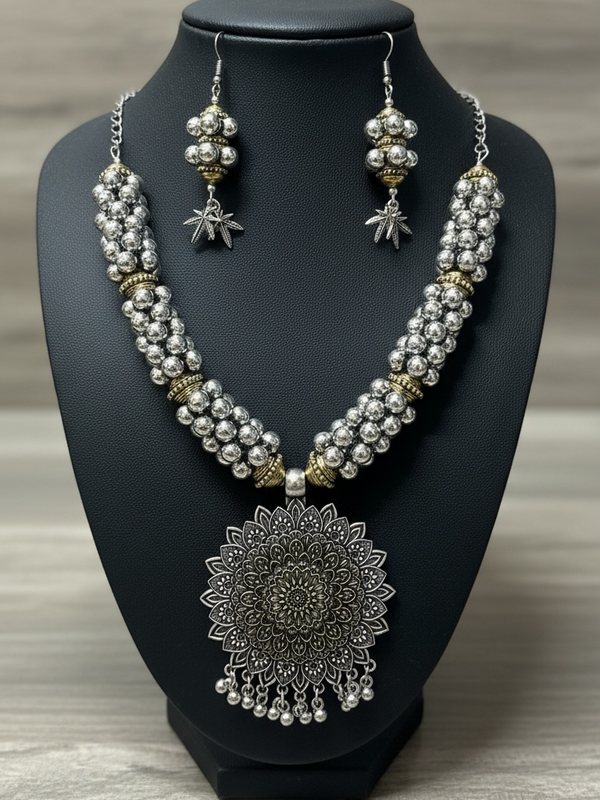 92.5 Silver Polish Tribal Statement Necklace with Flower Pendant & Beaded Strands