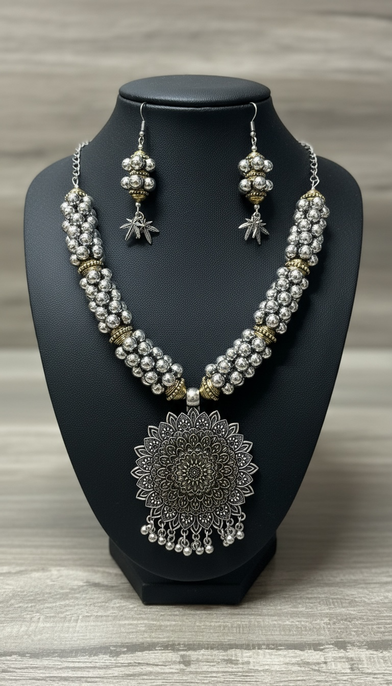 92.5 Silver Polish Tribal Statement Necklace with Flower Pendant & Beaded Strands