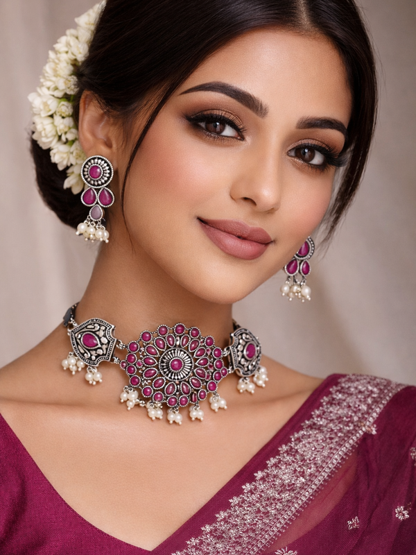 92.5 Silver Polish Kundan Choker Set with Ruby Pink Stones & Pearl Drops