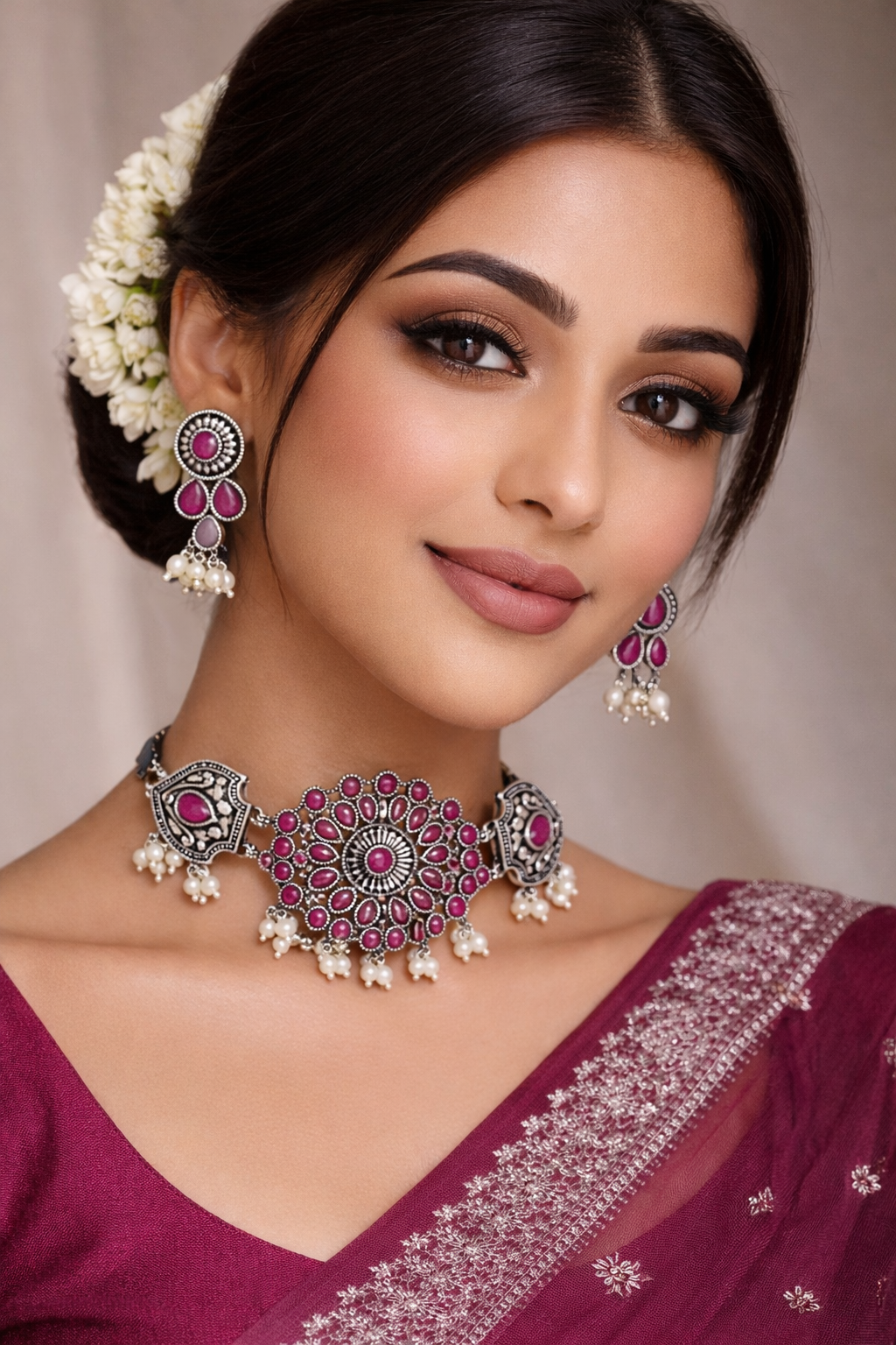 92.5 Silver Polish Kundan Choker Set with Ruby Pink Stones & Pearl Drops