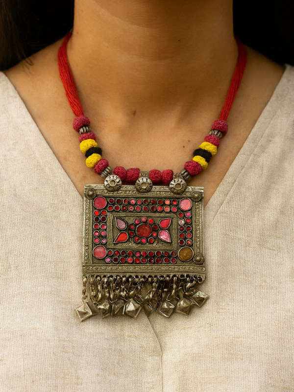 Tribal Antique Statement Necklace with Red Stones & Ghungroo Fringe