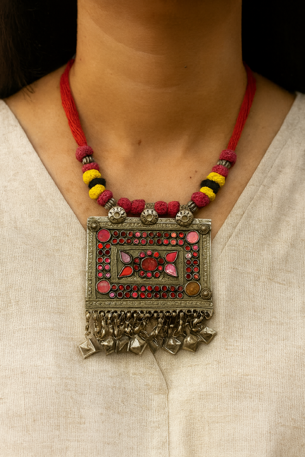 Tribal Antique Statement Necklace with Red Stones & Ghungroo Fringe